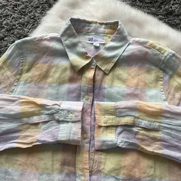 Gap Linen Pastel Plaid Button-Up Shirt - Picture 4 of 6